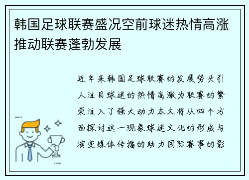 韩国足球联赛盛况空前球迷热情高涨推动联赛蓬勃发展