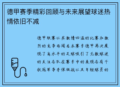 德甲赛季精彩回顾与未来展望球迷热情依旧不减