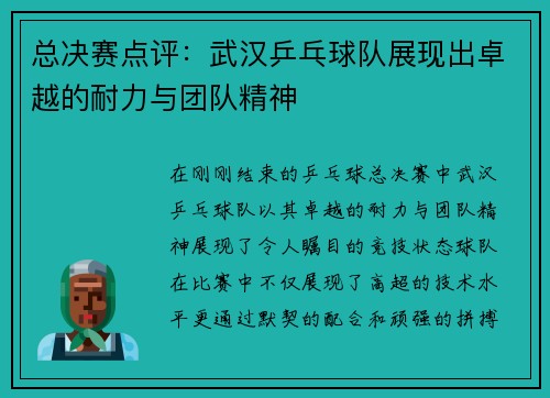 总决赛点评：武汉乒乓球队展现出卓越的耐力与团队精神